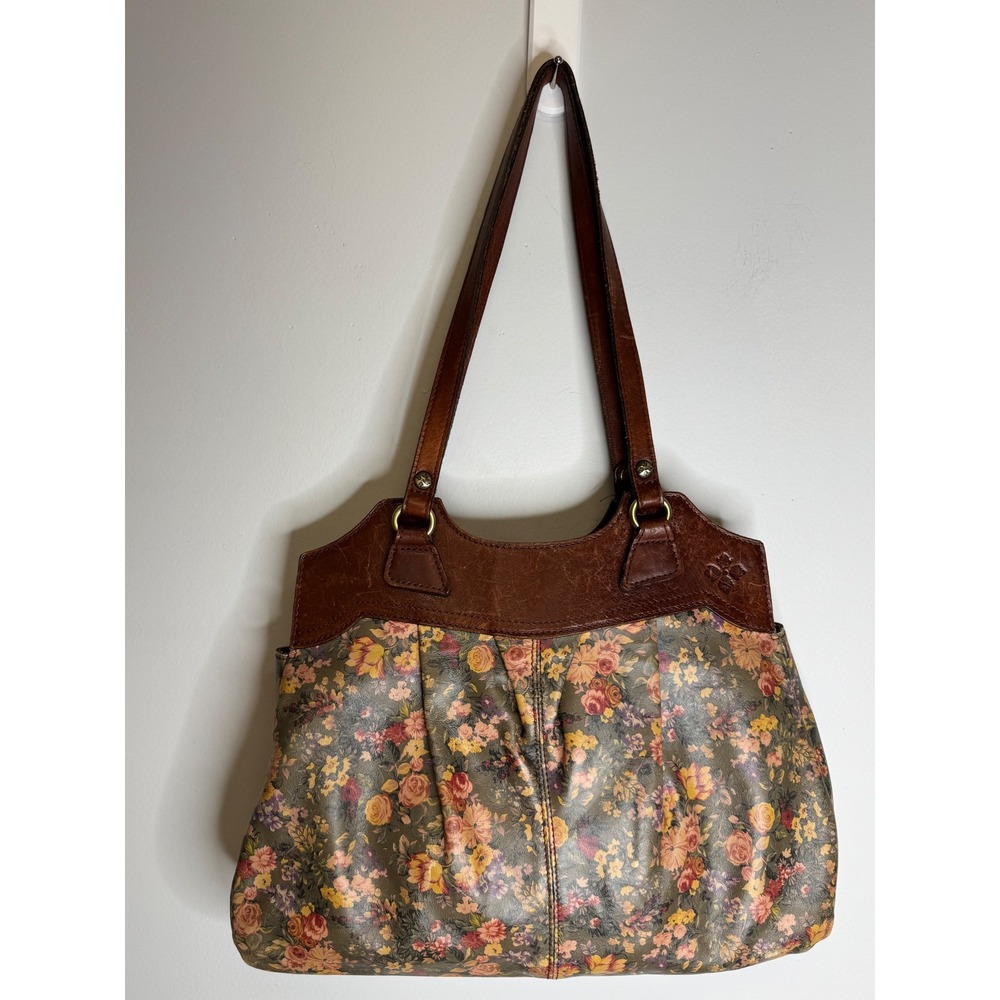 Patricia Nash Brown Floral Leather Tote Shoulder Bag Zipper Closure Multi Color